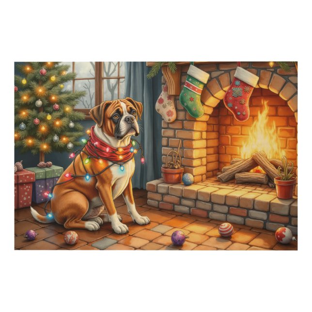 Boxer Sitting by Fireplace with Christmas Lights Wood Wall Art (Front)