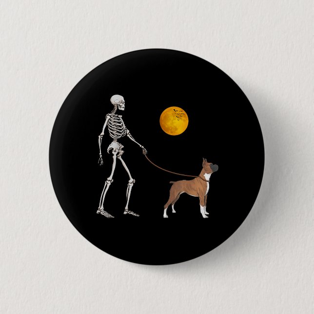 Boxer Skeleton Dog Walking Halloween Costume Button (Front)