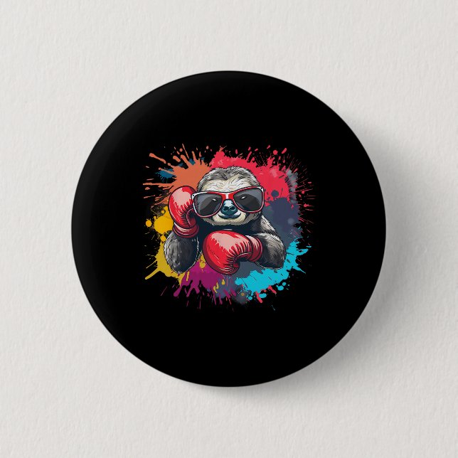 Boxer Sloth With Boxing Gloves Kickboxing Funny Bo Button (Front)