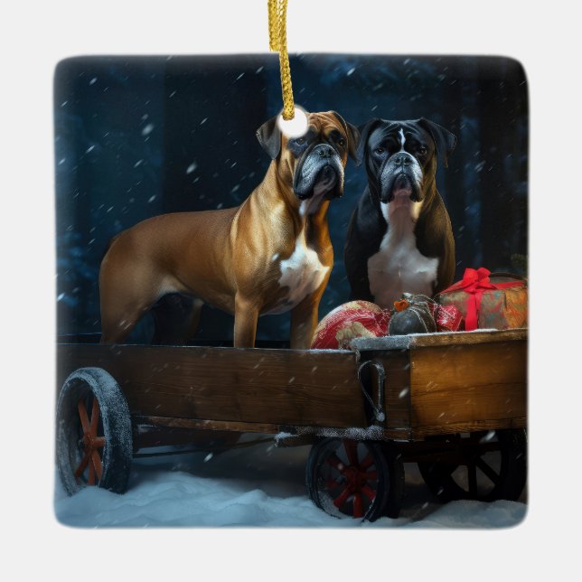 Boxer Snowy Sleigh Christmas Decor Ceramic Ornament (Front)