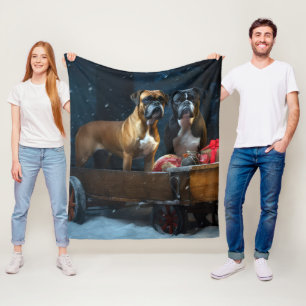Boxer Snowy Sleigh Christmas Decor Fleece Blanket