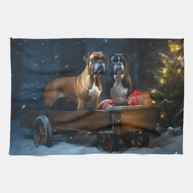 Boxer Snowy Sleigh Christmas Decor Kitchen Towel (Horizontal)