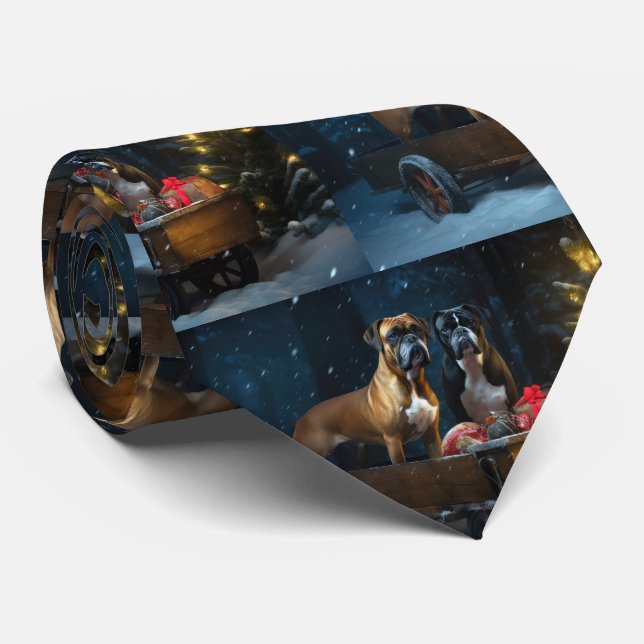Boxer Snowy Sleigh Christmas Decor Neck Tie (Rolled)
