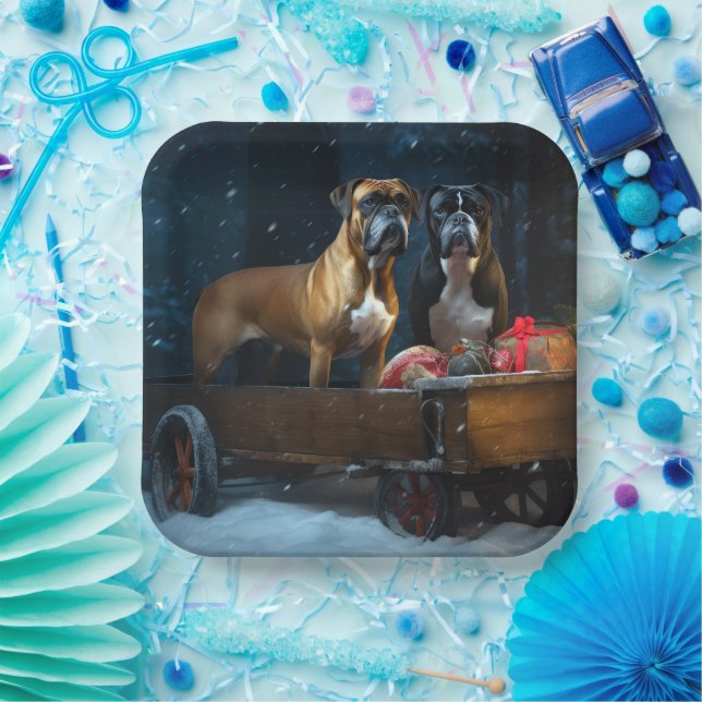 Boxer Snowy Sleigh Christmas Decor Paper Plates (Party)