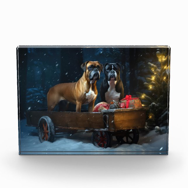 Boxer Snowy Sleigh Christmas Decor Photo Block (Front)