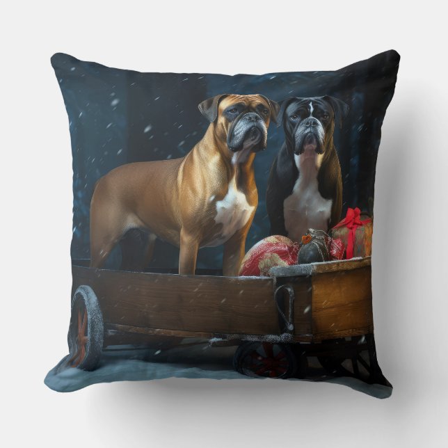 Boxer Snowy Sleigh Christmas Decor Throw Pillow (Front)