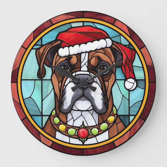Boxer Stained Glass Christmas  Large Clock (Front)