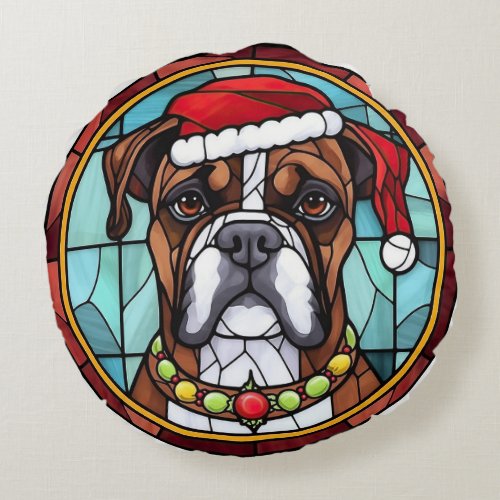Boxer Stained Glass Christmas  Round Pillow