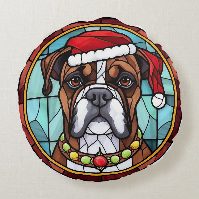 Boxer Stained Glass Christmas  Round Pillow (Back)