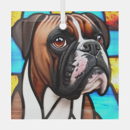 Boxer Stained Glass  Glass Ornament