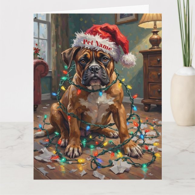 Boxer Tangled in Christmas Lights Guilty Hat Card (Front)