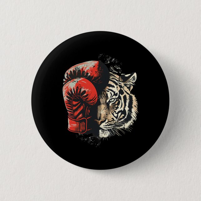 Boxer Tiger With Boxing Gloves Kickboxing Funny Bo Button (Front)