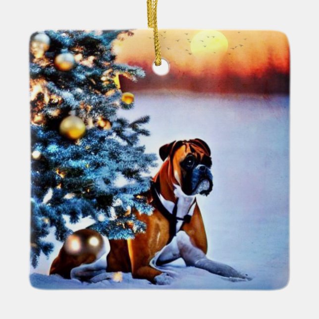 Boxer Under Christmas Tree Ceramic Ornament (Front)