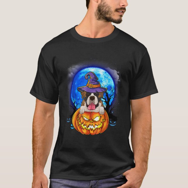 Boxer Witch Hat Pumpkin Scary Halloween Dog Lovers T-Shirt (Front)