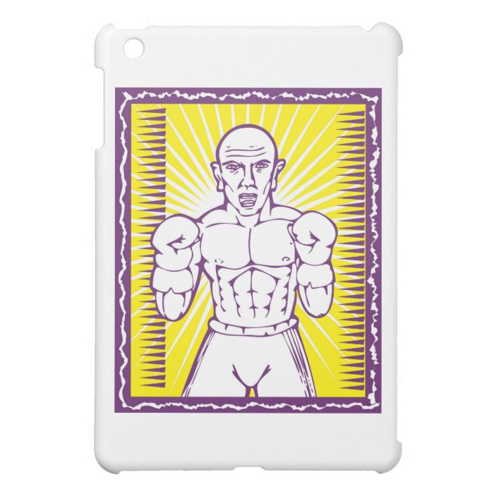 Boxer with boxing gloves posing inside frame case for the iPad mini
