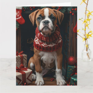 Boxer with Christmas Gifts Fireplace  Card