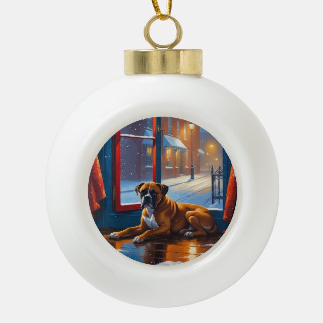 Boxer with Christmas Lights Holiday Ceramic Ball Christmas Ornament (Front)