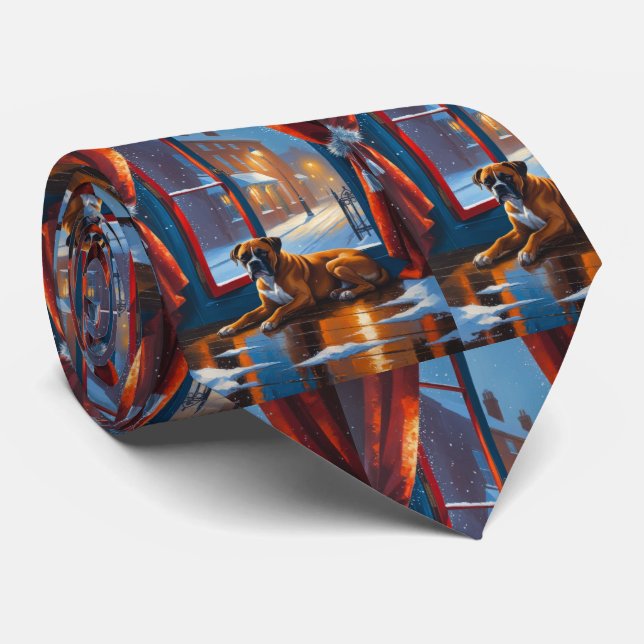 Boxer with Christmas Lights Holiday Neck Tie (Rolled)