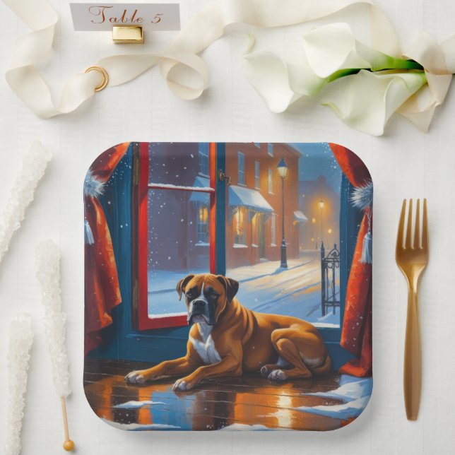 Boxer with Christmas Lights Holiday Paper Plates (Wedding)