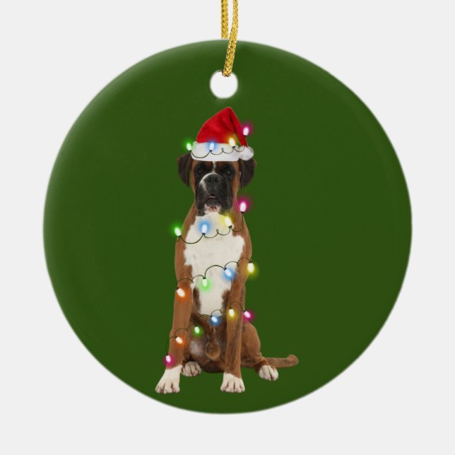 Boxer With Christmas Scafts Santa Hat Gift Ceramic Ornament (Front)