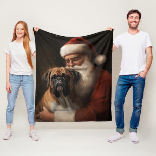 Boxer With Santa Claus Festive Christmas Fleece Blanket