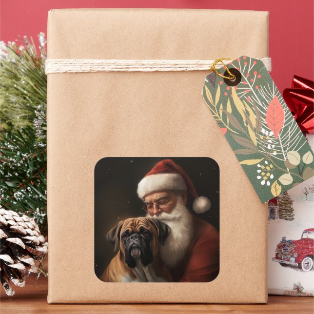 Boxer With Santa Claus Festive Christmas Square Sticker (Holiday)