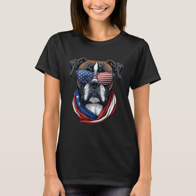 Boxer With USA Sunglasses Patriotic For 4th Of Jul T-Shirt (Front)