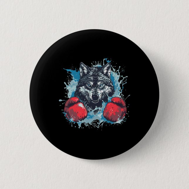 Boxer Wolf With Boxing Gloves Kickboxing Funny Box Button (Front)