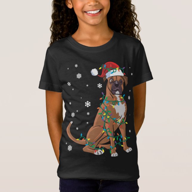 Boxer Wrapped In Christmas Lights Dog T-Shirt (Front)