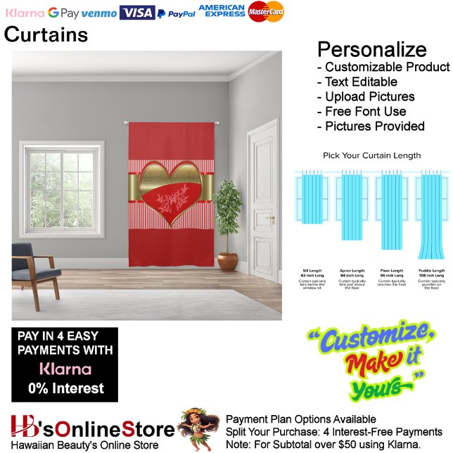 Boxes of Hearts Blackout Curtain Single Set 127 cm (Boxes of Hearts Elegant Red Gold Stripes Blackout Curtains.)