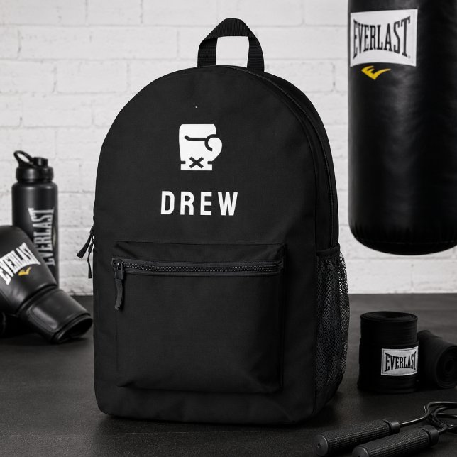 Boxing Backpack | Boxer Name Gym Sports Bag (Personalized boxing backpack with fighter name and glove icon for gym training days.)