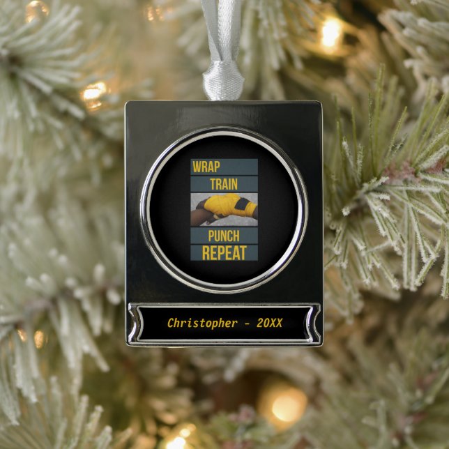 Boxing Boxer Training Quote Wrap Train Repeat Silver Plated Banner Ornament (Tree)