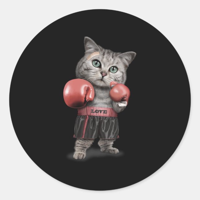 Boxing cat classic round sticker (Front)