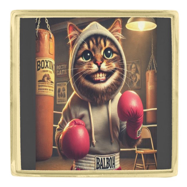 Boxing Champ? - Cat with boxing gloves Gold Finish Lapel Pin (Front)