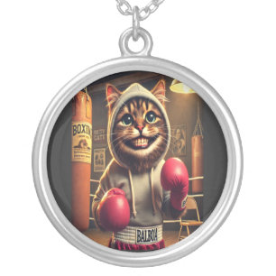 Boxing Champ? - Cat with boxing gloves Silver Plated Necklace