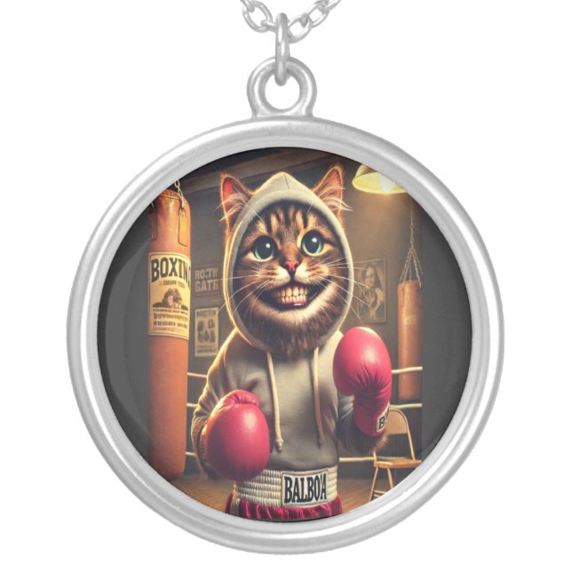 Boxing Champ? - Cat with boxing gloves Silver Plated Necklace (Front)