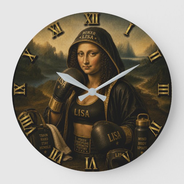 Boxing Funny Mona Lisa  Large Clock (Front)
