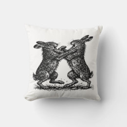 Boxing Hares – Haunted Ink Woodland Duel Throw Pillow