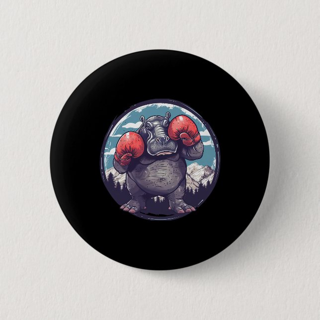 Boxing Hippo With Boxing Gloves Kickboxing Funny B Button (Front)