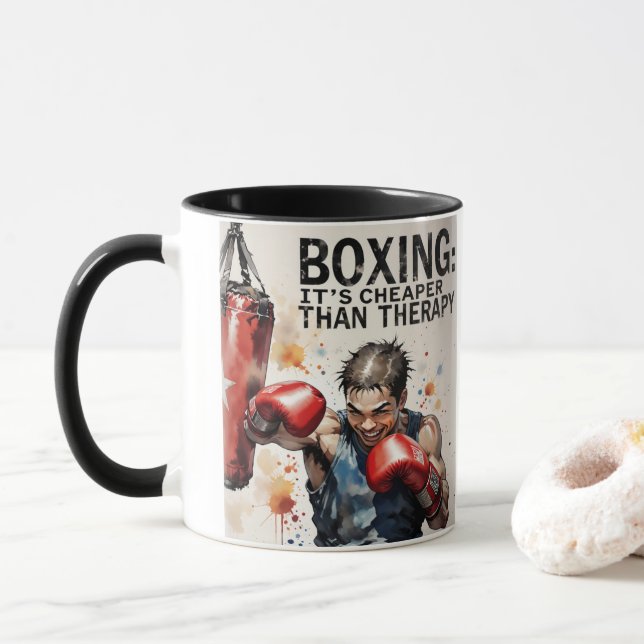 “Boxing – It’s Cheaper Than Therapy Mug” Mug (With Donut)