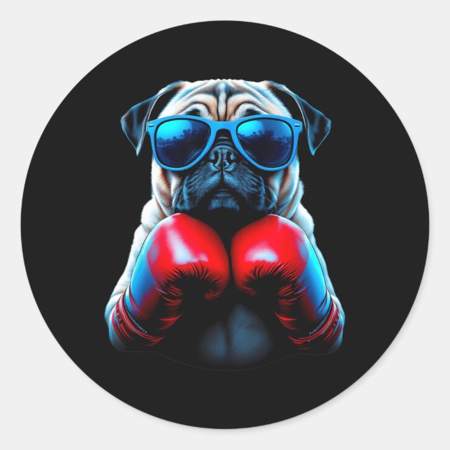 Boxing Pug Dog Kickboxing Cool  Classic Round Sticker (Front)