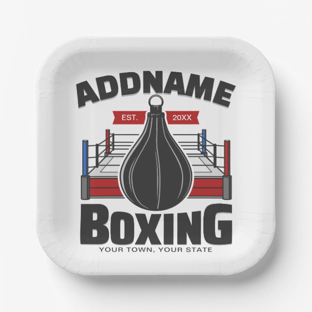 Boxing Ring ADD NAME Boxer Gym Speed Bag Paper Plates (Front)