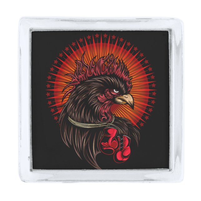 Boxing Rooster Silver Finish Lapel Pin (Front)
