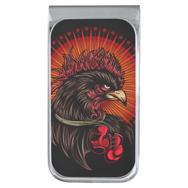 Boxing Rooster Silver Finish Money Clip (Front Vertical)