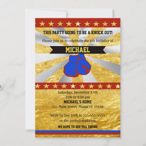 Boxing Sports Boy Birthday Invitation Gold Blue | Zazzle