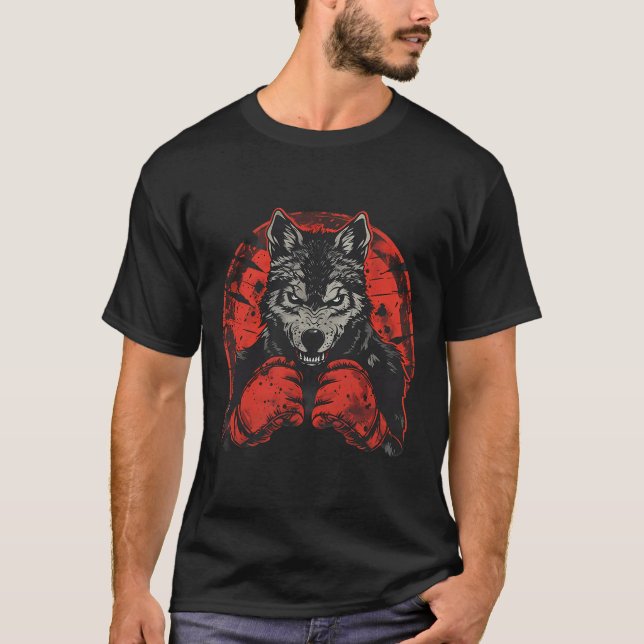 Boxing Wolf With Boxing Gloves Kickboxing Funny Bo T-Shirt (Front)