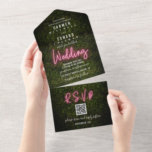Boxwood and Pink Neon Sign Wedding RSVP All In One Invitation