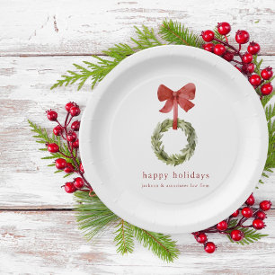 Boxwood Christmas Wreath Red Bow Paper Plates