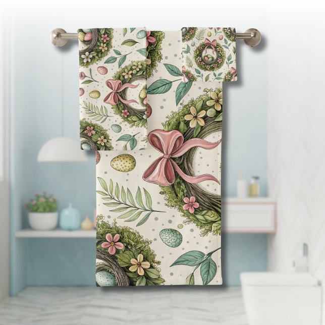 Boxwood Easter Wreath Pink Bow with Egg Bath Towel Set (Creator Uploaded)