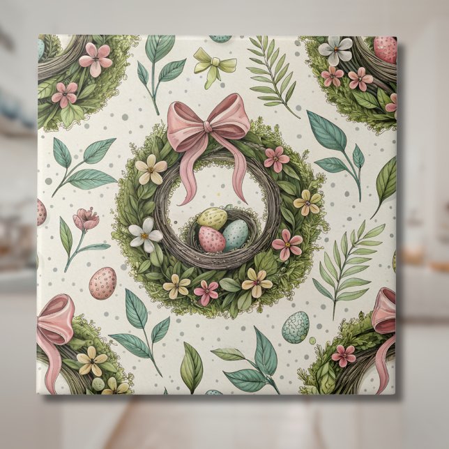 Boxwood Easter Wreath Pink Bow with Egg Ceramic Tile (Creator Uploaded)